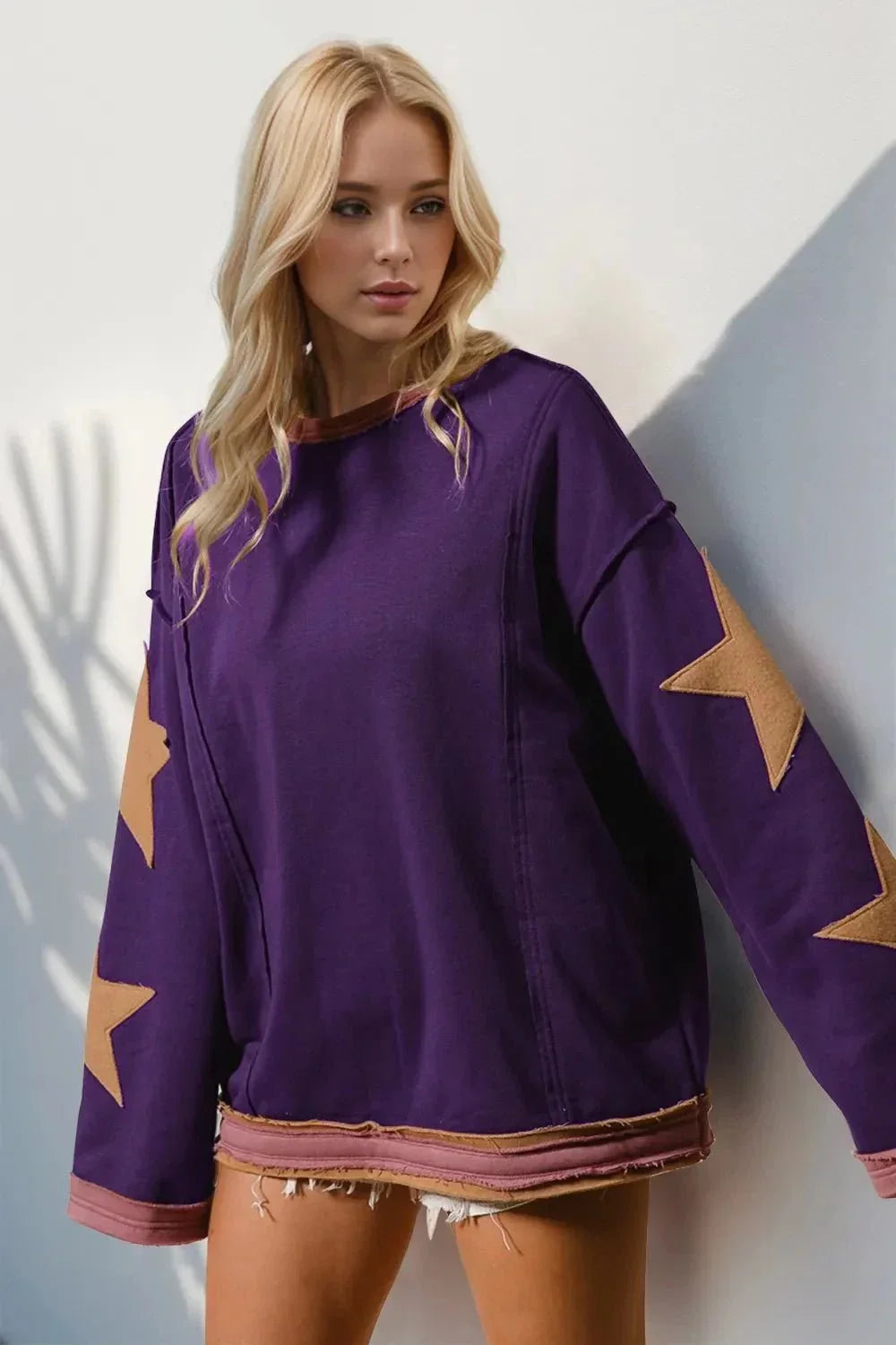 Double Take Star Patched Long Sleeve Sweatshirt - VILLA FASHION